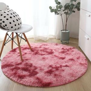 Round DARK RED Fluffy Shag Rug Anti-Slip Floor Mat
